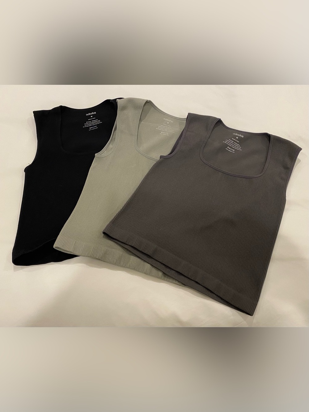 3 Ribbed Square Neck Tank Top - Black, Sage, Charcoal. Size Medium.